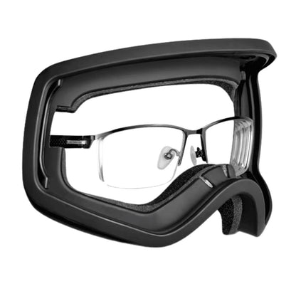 Ski goggles worn on the snowy slopes