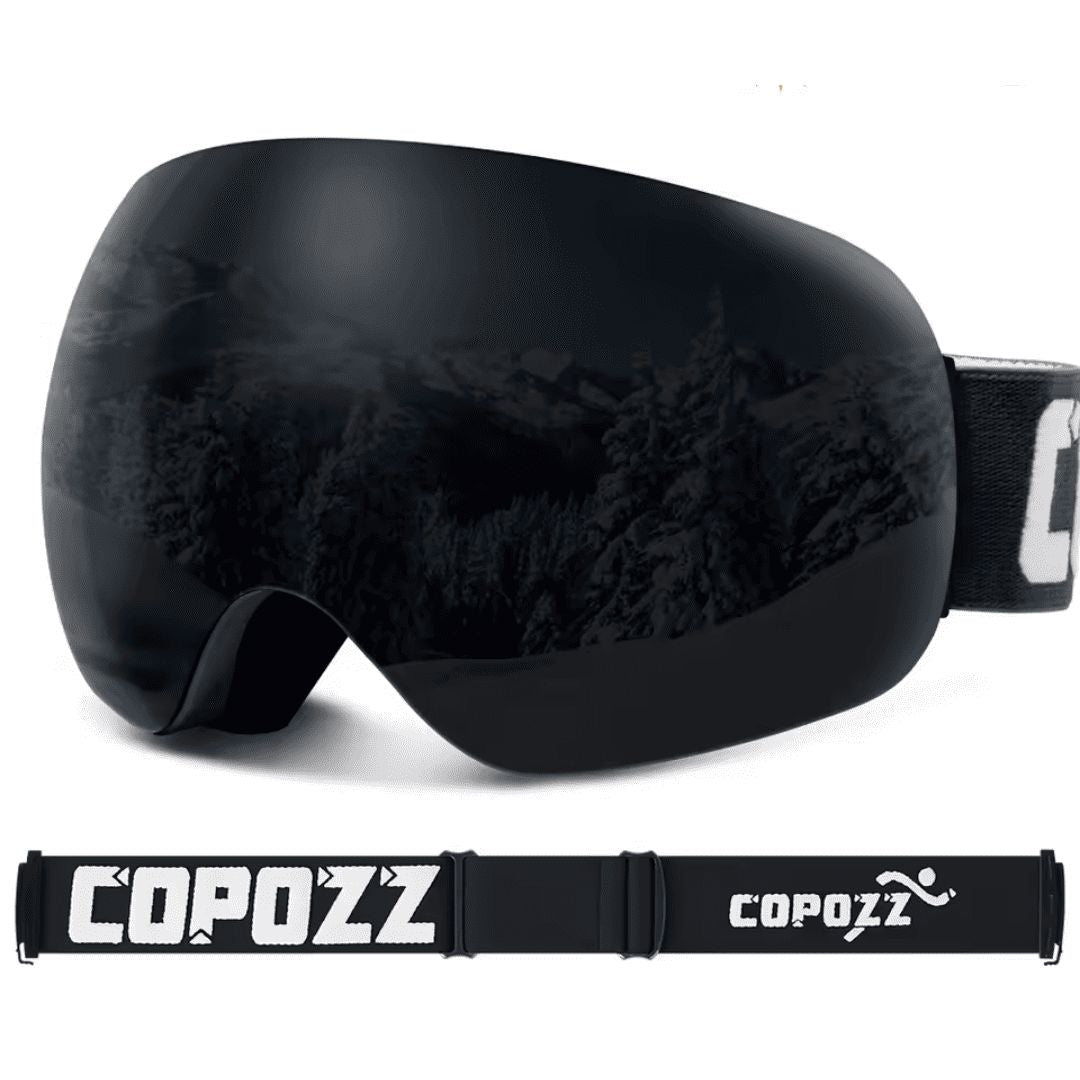 Close-up of the anti-fog lens of the ski goggles