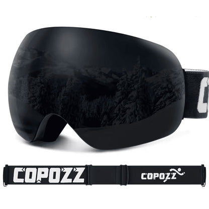 Close-up of the anti-fog lens of the ski goggles