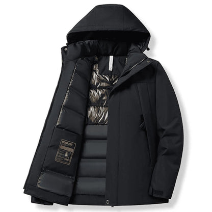Men's waterproof puffer jacket worn outdoors