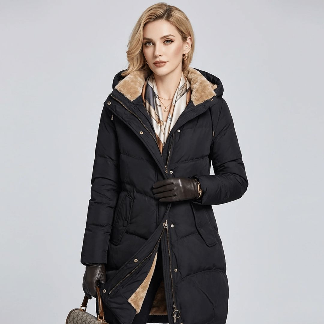 Women's padded hooded parka, longline cut, back view
