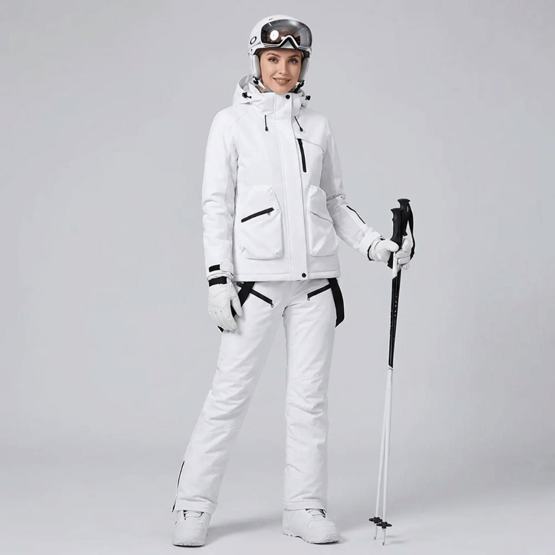 Close-up of the adjustable braces on the women's ski salopettes