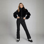 Women's Aspen one piece ski suit in black, front view