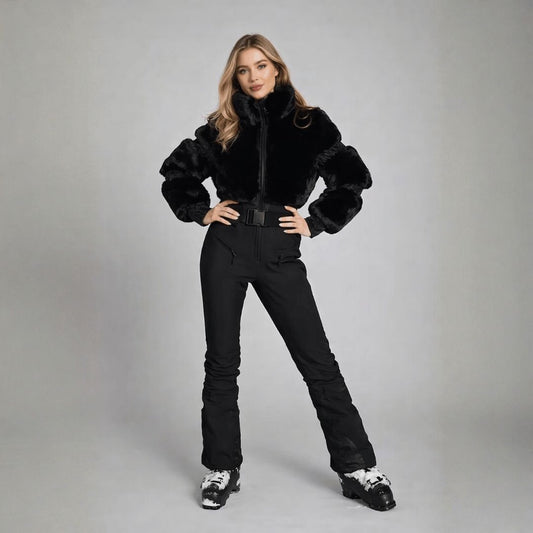 Women's Aspen one piece ski suit in black, front view