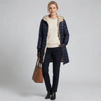Close-up of the quilting on the women's long puffer coat