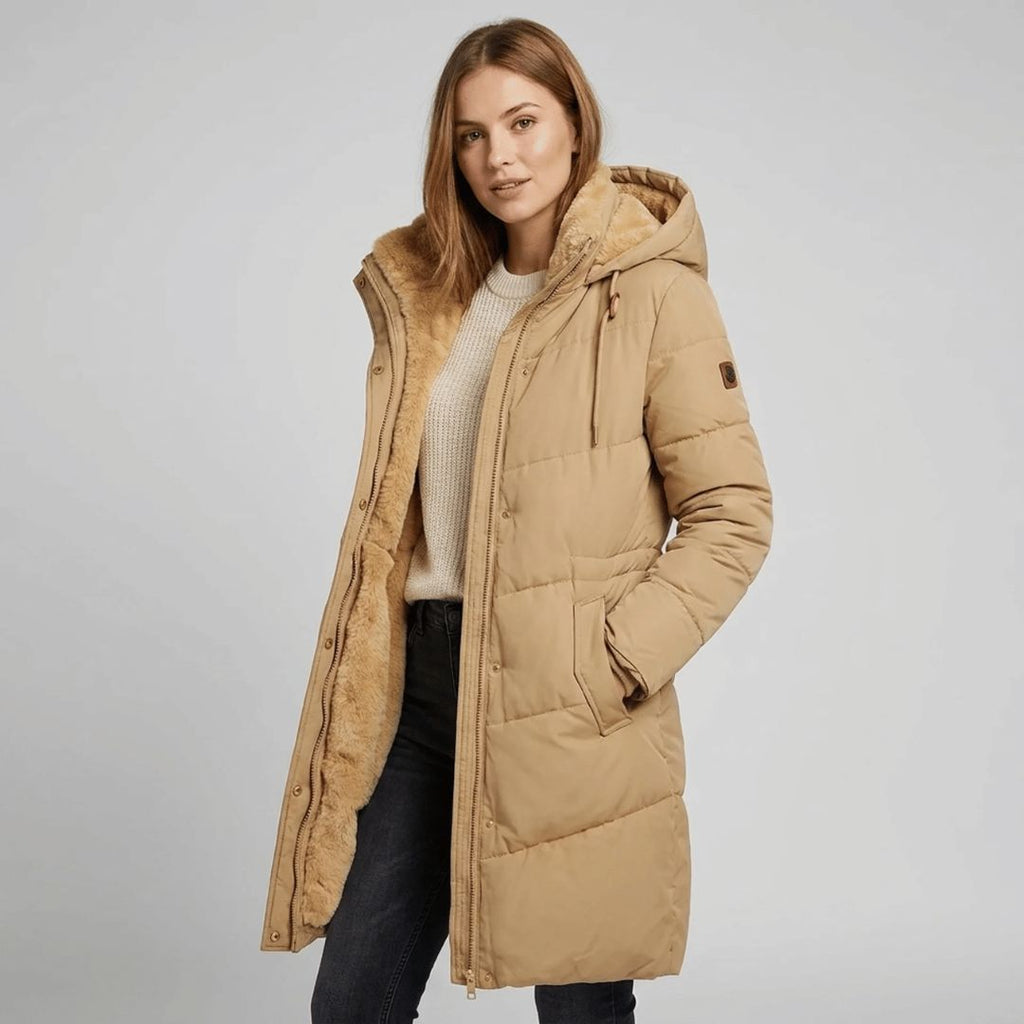 Women's padded hooded parka in khaki, front view