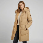 Women's padded hooded parka in khaki, front view