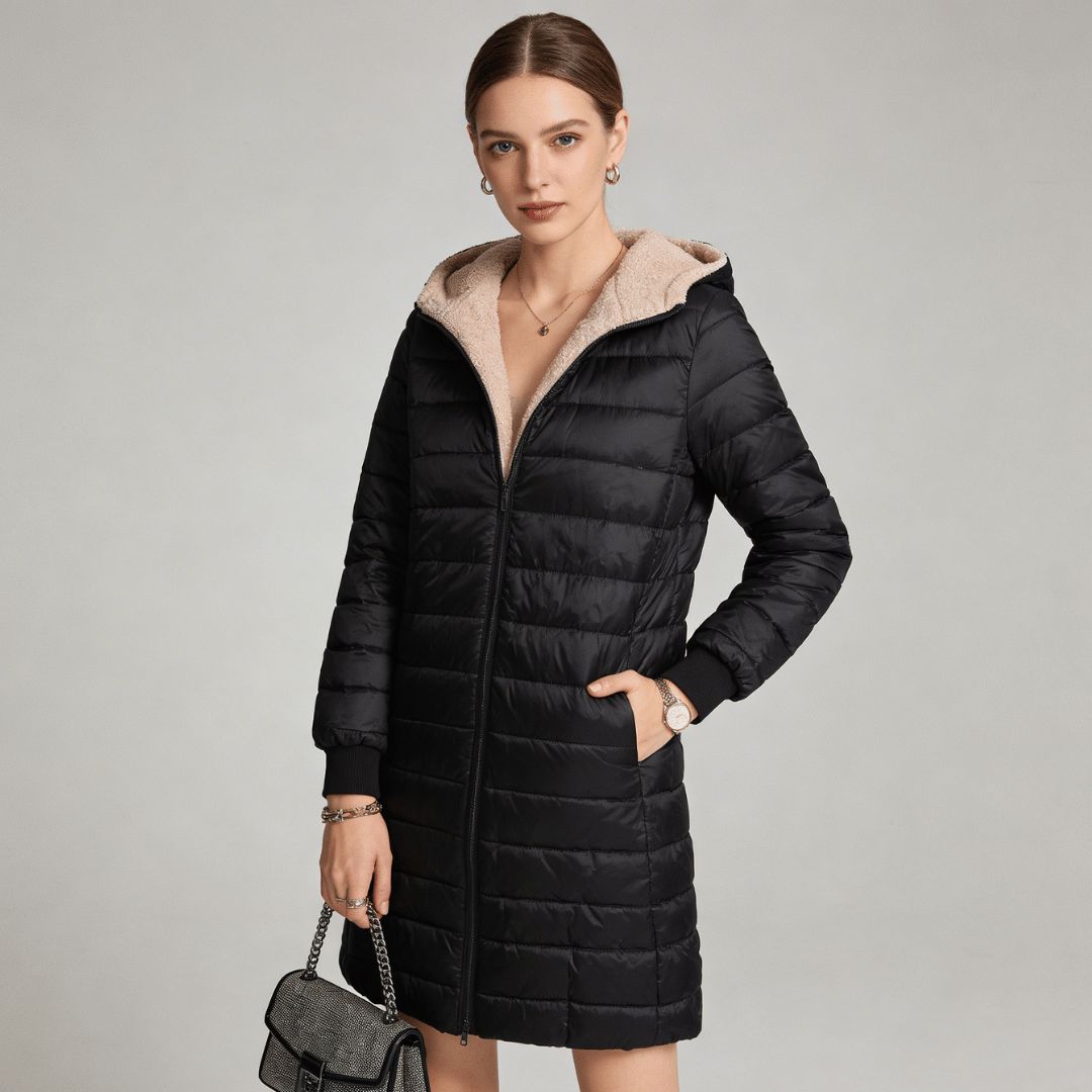 Women's long puffer coat shown in another colour
