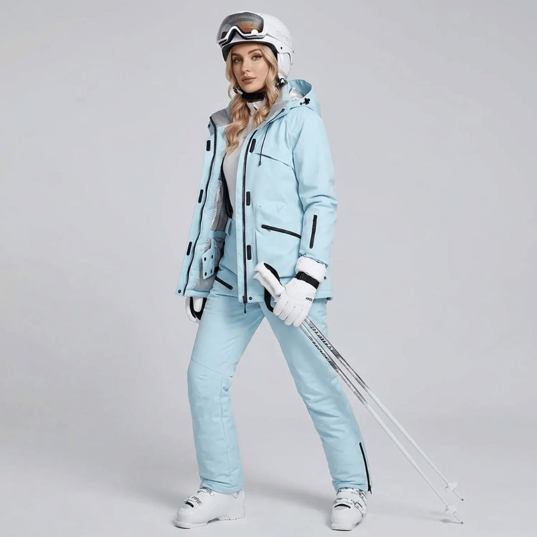Women's ski set, jacket and salopettes, back view