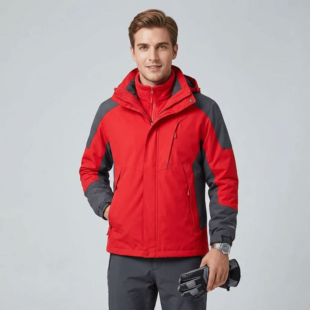 Men's 3 in 1 jacket worn with the hood up