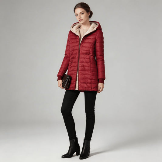 Women's long hooded puffer coat, front view