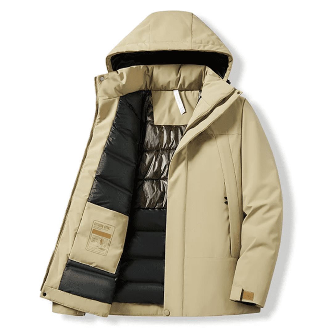 Close-up of the collar and zip on the men's puffer jacket