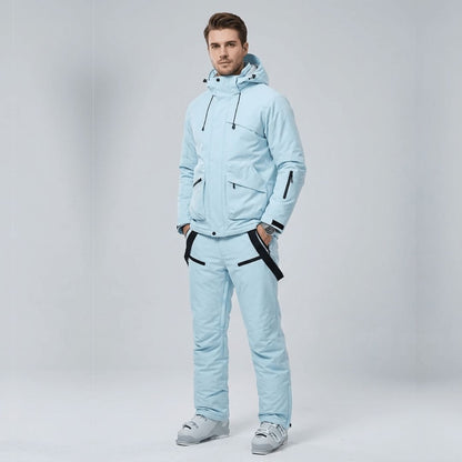 Men's ski set, back view on the snow