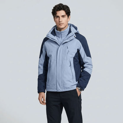 Close-up of the zip and pockets on the men's 3 in 1 jacket