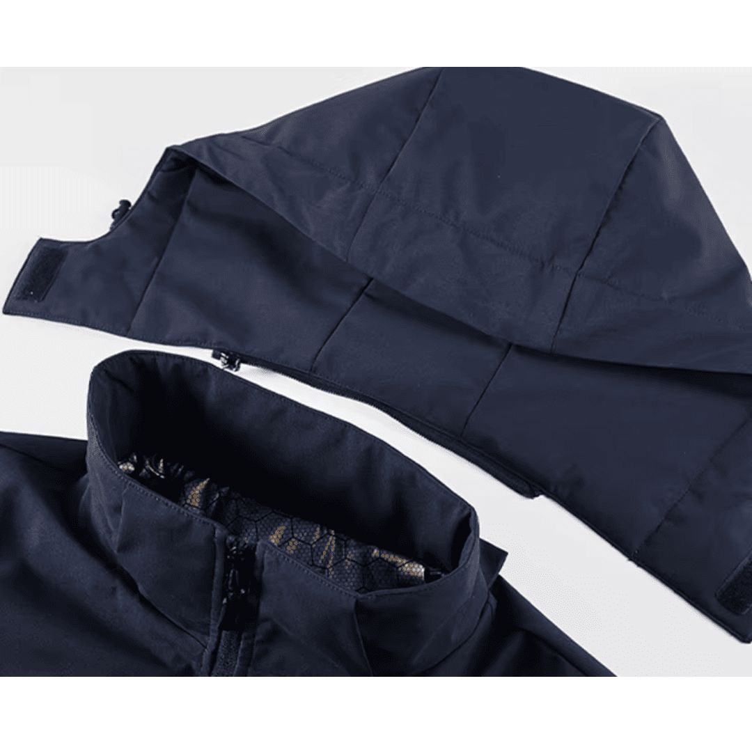 Close-up of the collar and fastening on the men's fleece lined coat
