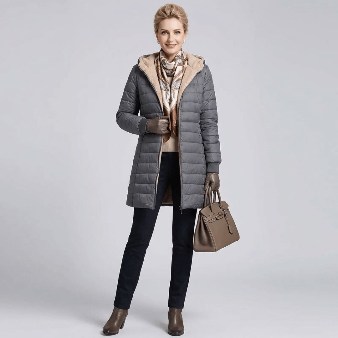 Women's long puffer coat, back view