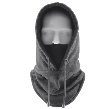 Fleece balaclava worn covering the face and neck