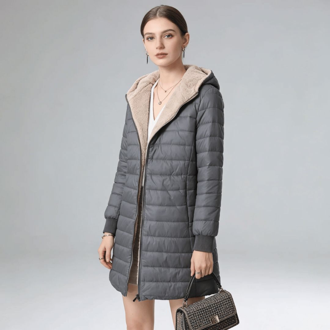 Close-up of the trimmed hood on the women's long puffer coat