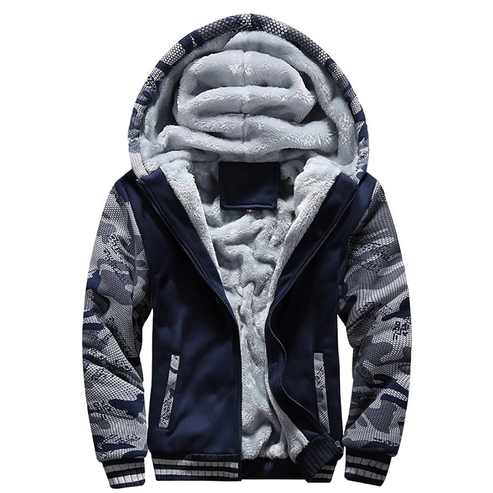 Close-up of the lined hood on the men's jacket