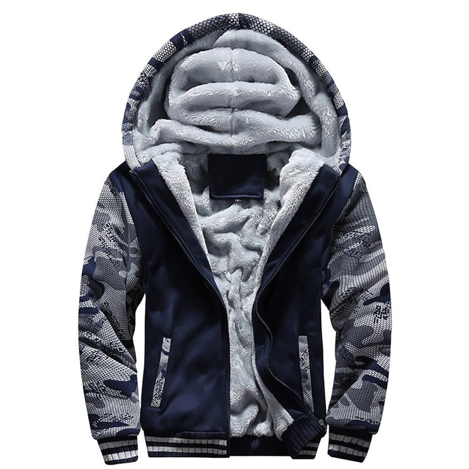 Close-up of the lined hood on the men's jacket