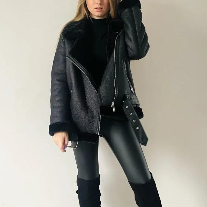 Women's fleece lined faux leather jacket, front view