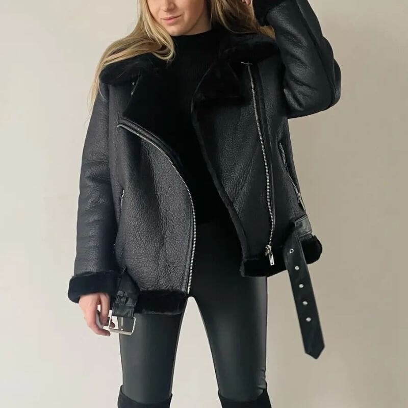 Close-up of the fleece lining inside the faux leather jacket