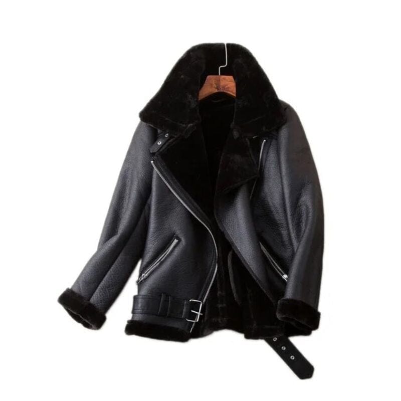 Women's fleece lined faux leather jacket, back view